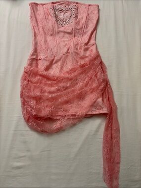 Sabrina Carpenter style Strapless Pink Lace Mini Dress with Heart Cut Out